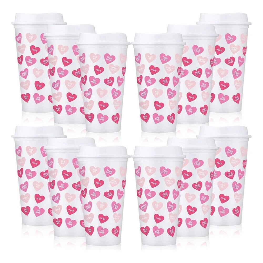 Bokon 12 Pcs Valentine's Day Cups with Lids Conversation Heart Cups 16oz